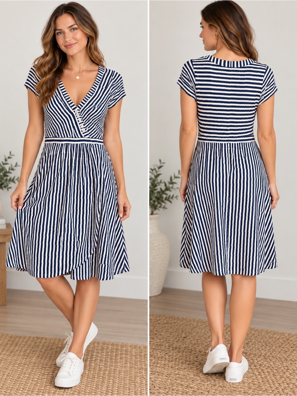 Anthropologie Navy and White Striped V-Neck Wrap Midi Dress Size S Travel